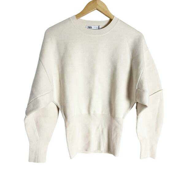 Zara Cream Crewneck Cinched Waist Pullover Sweatshirt Size Small - Picture 2 of 10